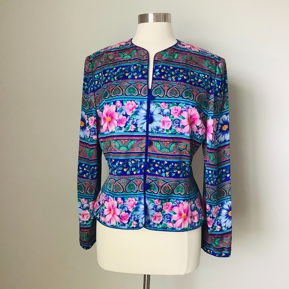 Vintage Adrianna Pappell New York 100% Silk Floral Blazer Jacket Size 10 - Picture 10 of 16